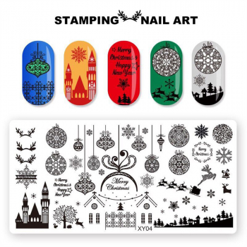 Stamping Schablone Platte Weihnachten X-Mas Schneeflocken Schneekugeln Rentier XY04